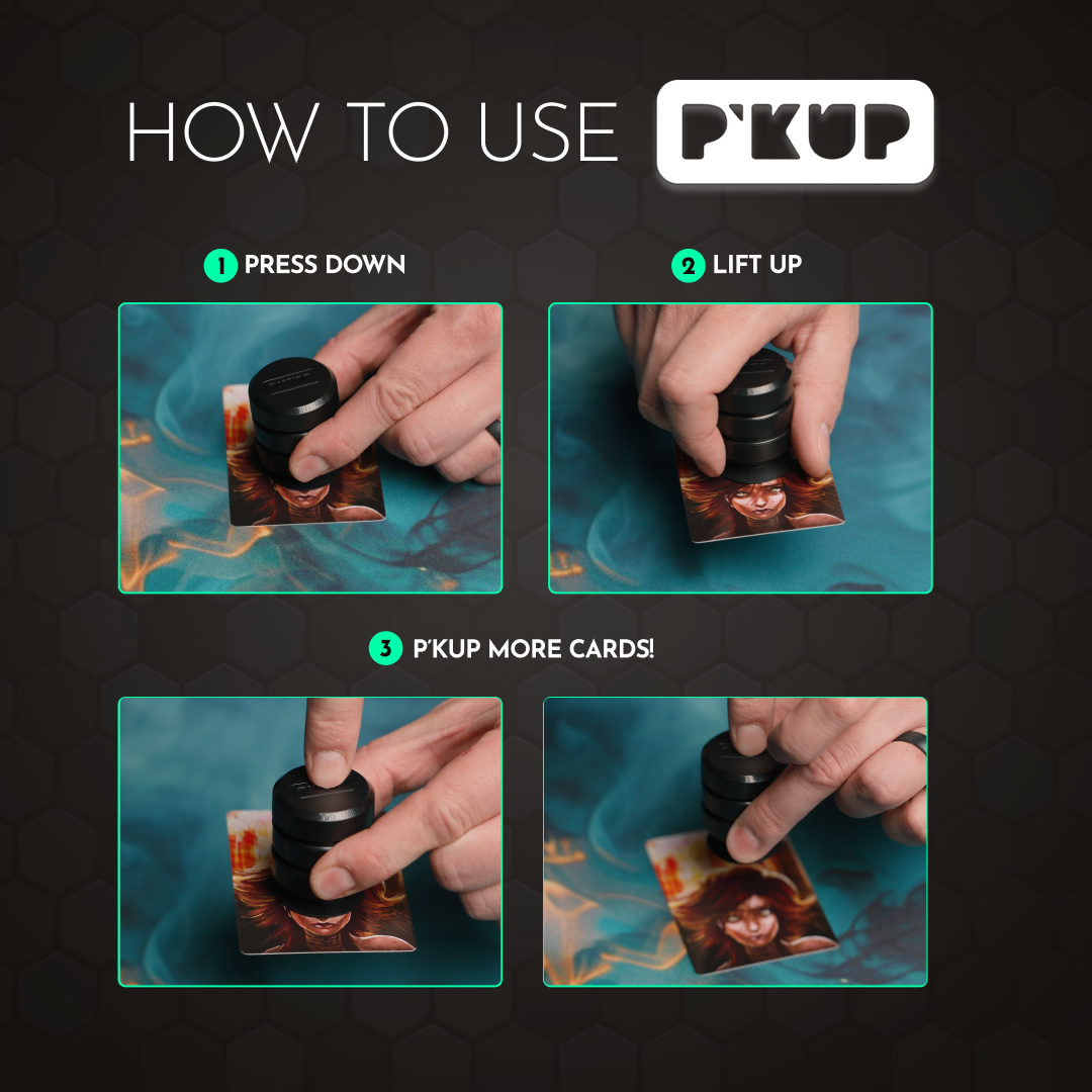 How to use the P'kup card lifter: press down, lift, pick up, press to release