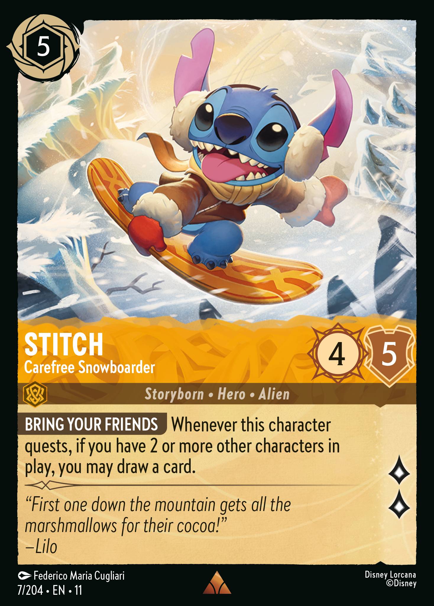 Stitch - Carefree Snowboarder - Rare Lorcana Card